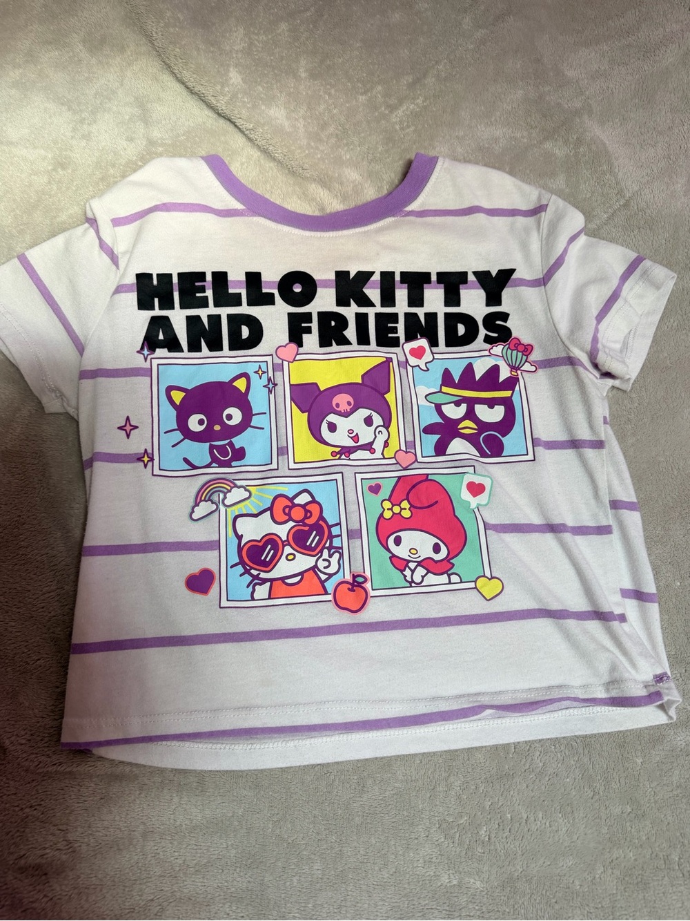 Hello Kitty White Tee with Purple Stripes and Colorful Character Panels